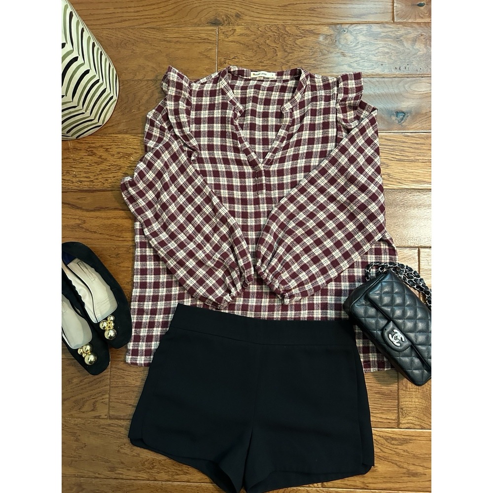 Marine Layer Women's L Plaid Ruffle Shoulder Blouse Burgundy Metallic Lurex Top
